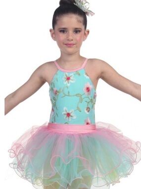 Laylas- Waltz of the Flowers- Aqua and Pink Floral- Large Child